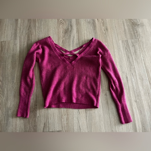 Anthropologie Maeve Cross Back Waffle Knit Sweater Fascia Pink Wool Blend XS - Picture 9 of 10